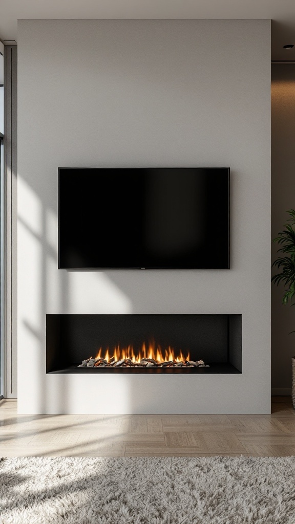 A minimalist wall-mounted fireplace with a TV positioned above it in a modern living room