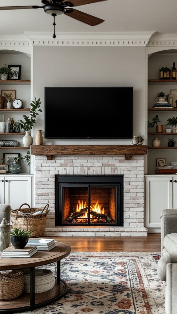 Rustic fireplace with built-in media unit and mounted TV in a cozy living room