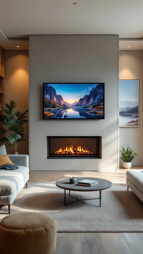A modern living room featuring a sleek fireplace and a wall-mounted television, designed for a cozy and stylish atmosphere.