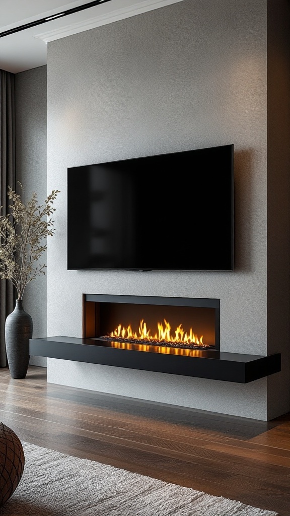 Modern living room with a suspended fireplace under a wall-mounted TV, featuring a sleek design and cozy flames.