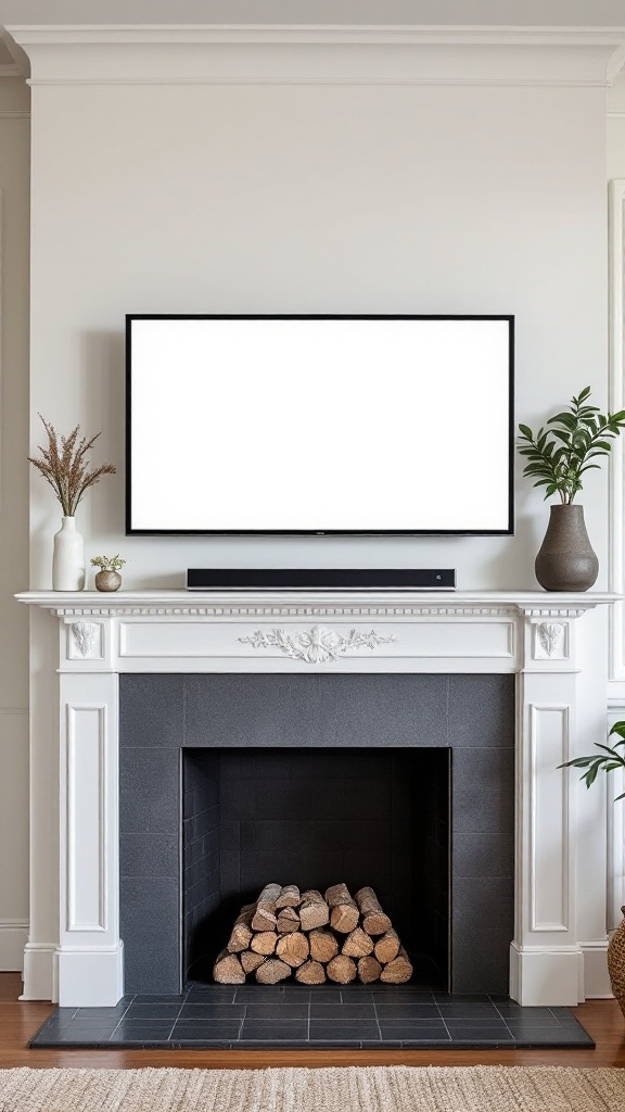A traditional white mantel with a modern TV setup above it, featuring stacked logs in the fireplace and decorative plants.