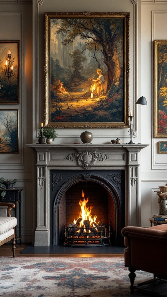 A classic fireplace with a colorful painting above it, creating a cozy and inviting atmosphere.