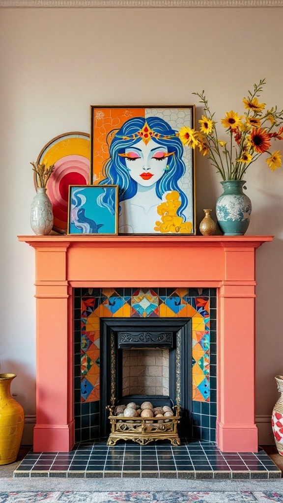 Colorful fireplace with coral mantle, vibrant tiles, and decorative elements