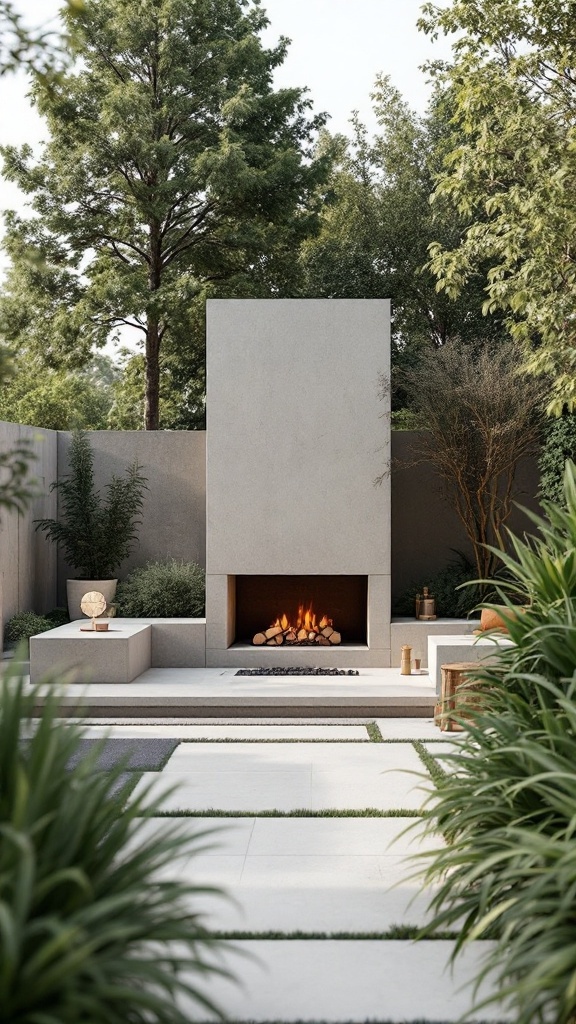 A modern outdoor fireplace surrounded by greenery and minimalist design features