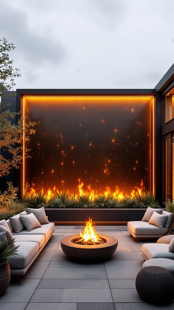 A modern patio featuring a fire wall, circular fire pit, and comfortable seating.