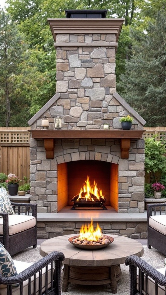 A custom built-in outdoor fireplace made of stone, featuring a warm fire and comfortable seating.