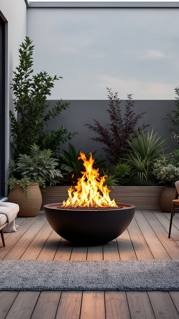 A modern bioethanol fireplace on a wooden deck surrounded by plants