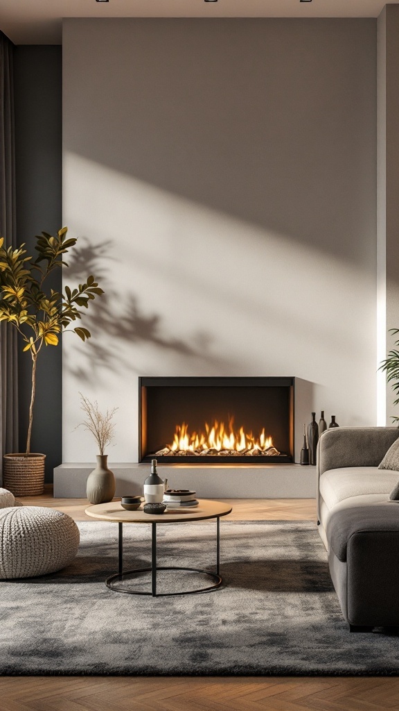 A modern living room featuring an eco-friendly bioethanol fireplace with flames, soft gray rug, and potted plants.