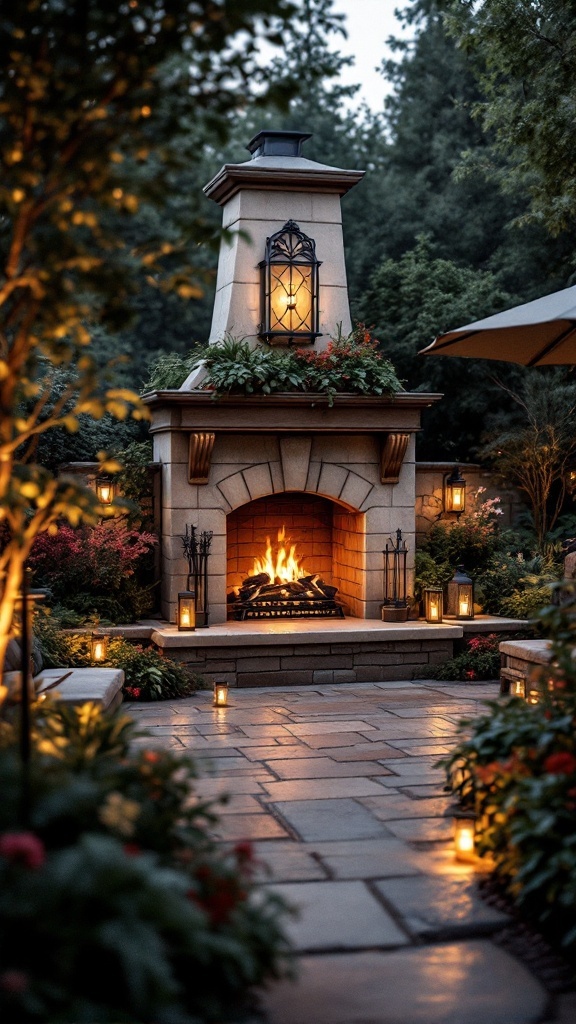 An elegant outdoor fireplace surrounded by lush greenery and glowing lanterns.