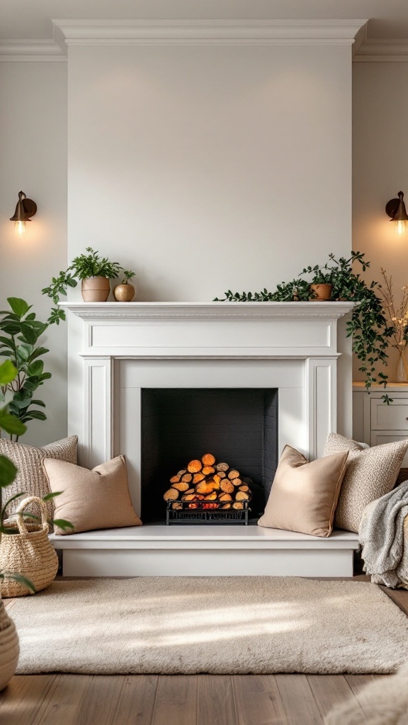 Cozy fireplace nook with neutral decor and comfortable seating