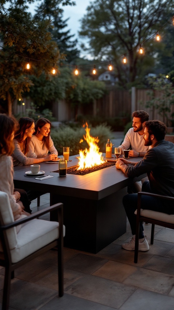 A group of friends gathered around a modern outdoor fireplace table, enjoying drinks and conversation under string lights.