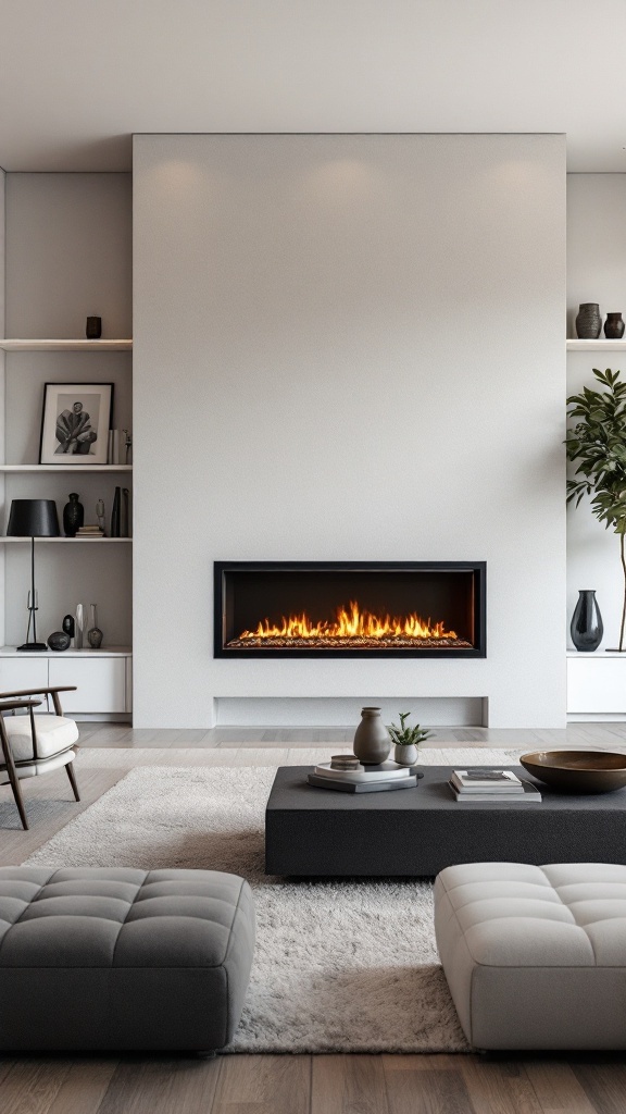 A modern living room featuring an integrated media center with a linear fireplace, neutral tones, and stylish decor.