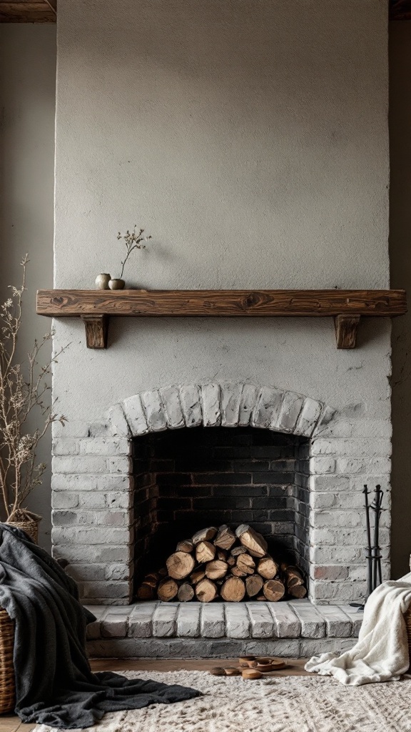 A cozy fireplace setting with a brick fireplace, wooden mantel, and textured throws.