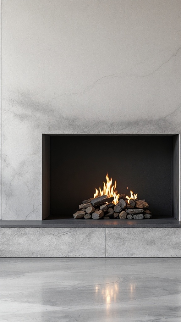 A minimalist concrete fireplace with a warm fire and natural stones.