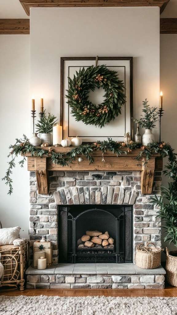 A rustic fireplace with a wooden beam mantel, decorated with a wreath, candles, and greenery.