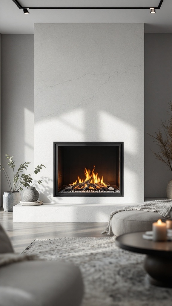 A modern fireplace with a sleek glass enclosure, surrounded by cozy decor and soft furnishings.