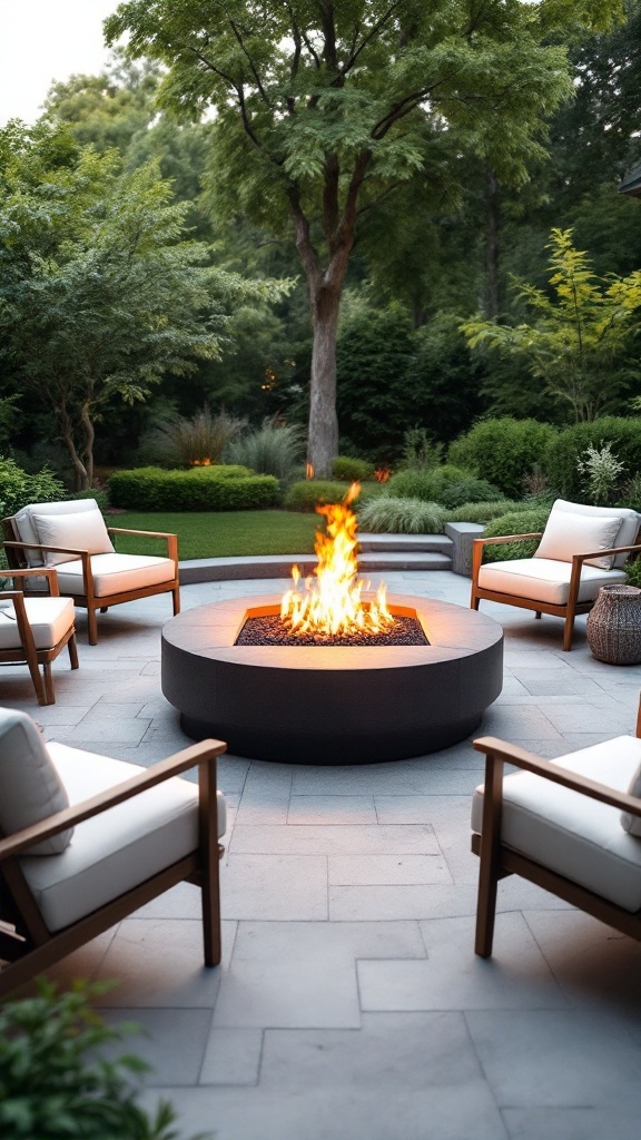 A modern outdoor fire pit surrounded by comfortable chairs in a lush garden setting.