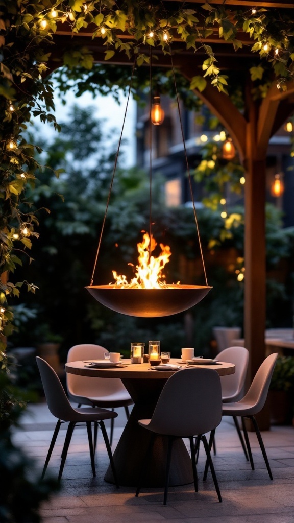 A modern outdoor dining area featuring a suspended fire bowl above a circular table, surrounded by chairs and greenery.