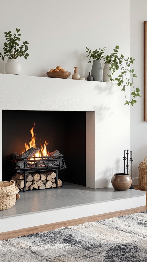 A modern fireplace with a black fire grate, logs, and decorative plants on the mantel.