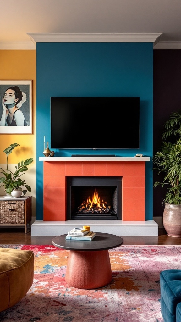 Living room with colorful accent walls, featuring a blue wall, orange fireplace, and a TV above it.