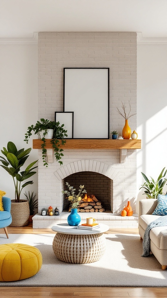 Cozy living room featuring a neutral brick fireplace, colorful decor, and plants