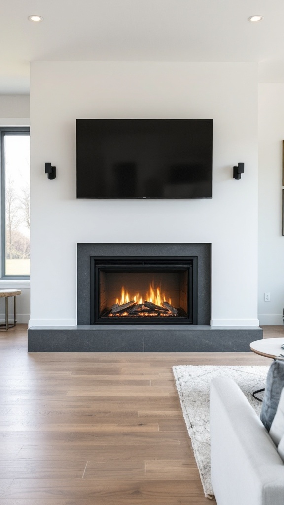 A modern dual-sided fireplace with a TV above it, set in a light-colored room with wooden flooring.