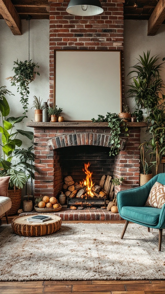 A cozy living room featuring a reclaimed brick fireplace, surrounded by plants and modern decor.