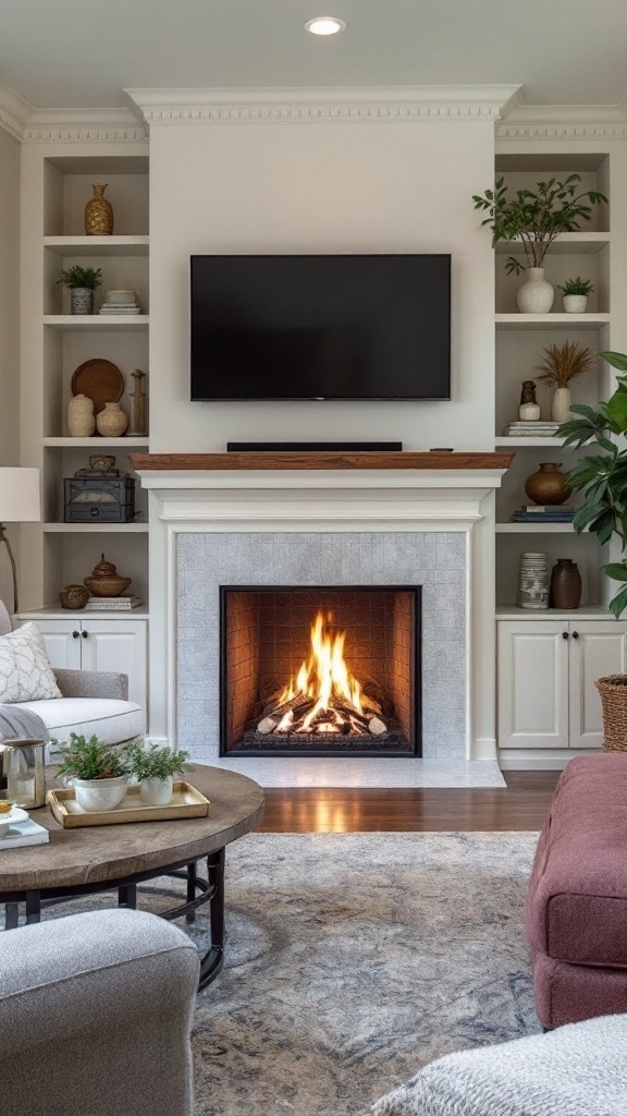 Modern living room with a fireplace and a TV above it, featuring shelves on either side.