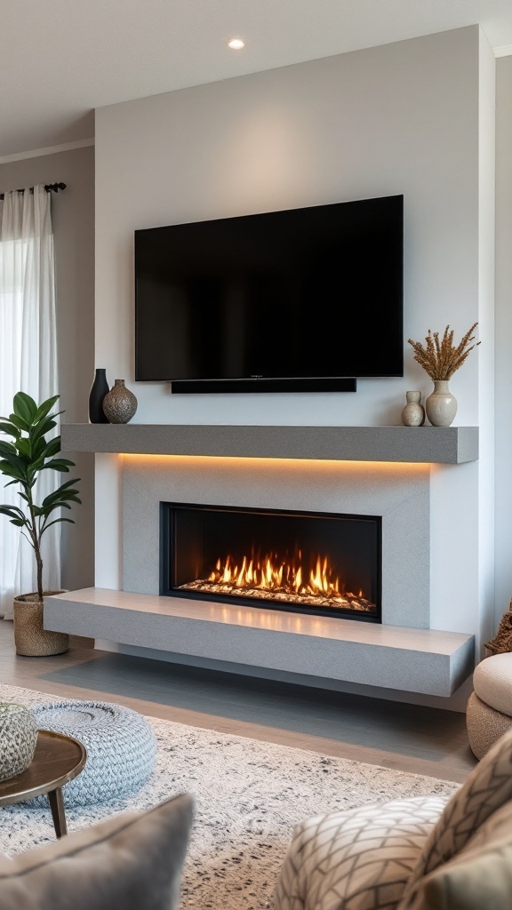 Modern living room with a floating mantel fireplace and integrated lighting.