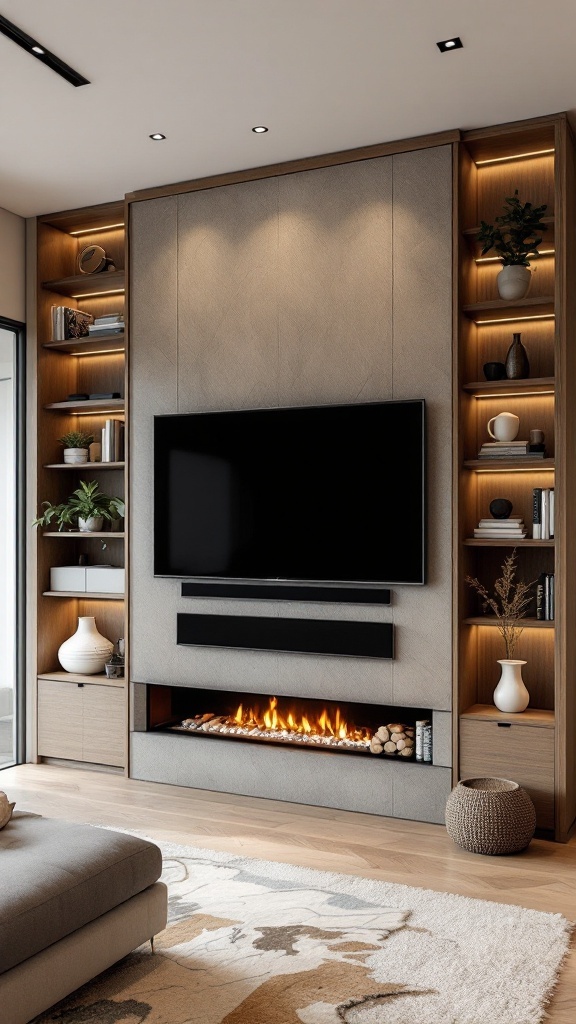 Modern media wall featuring a TV and a fireplace with built-in shelves