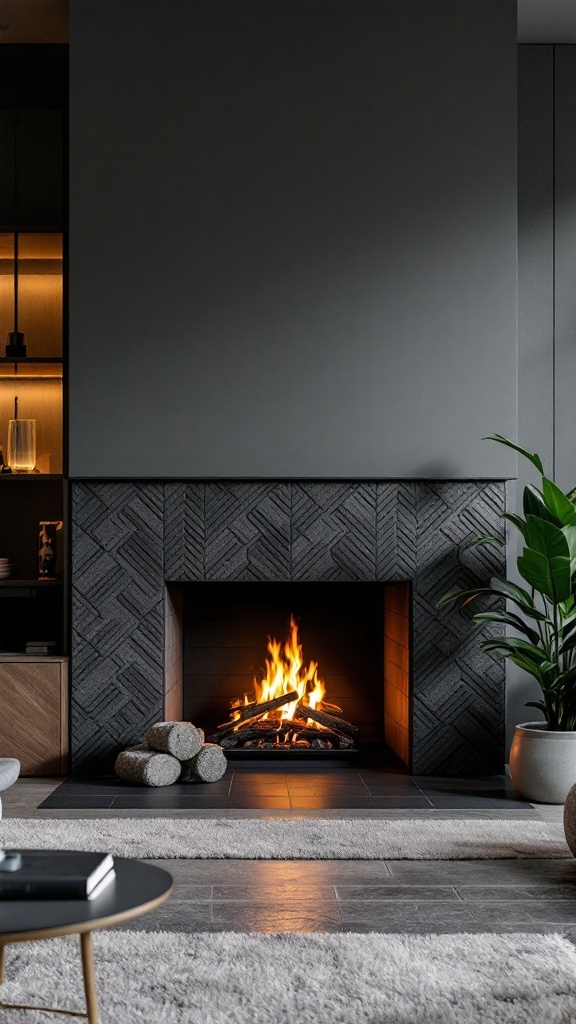 Modern fireplace with herringbone patterned bricks and flames