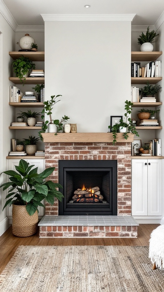 A modern living room featuring a brick fireplace with integrated shelving on either side, adorned with plants and books.