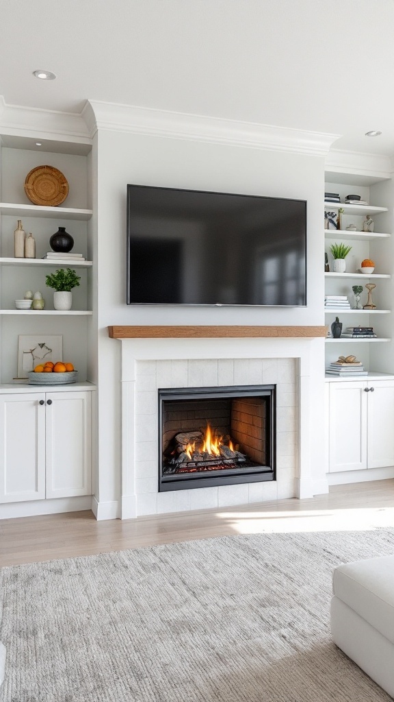 Linear fireplace with built-in shelving and a TV above in a modern living room