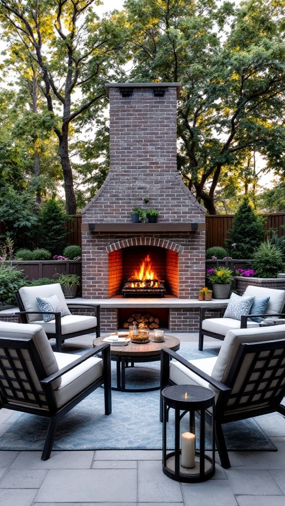 Outdoor living space featuring a brick fireplace with seating, surrounded by greenery