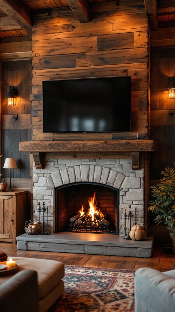 A cozy living room featuring a rustic stone fireplace, wooden feature wall, and a flat-screen TV.