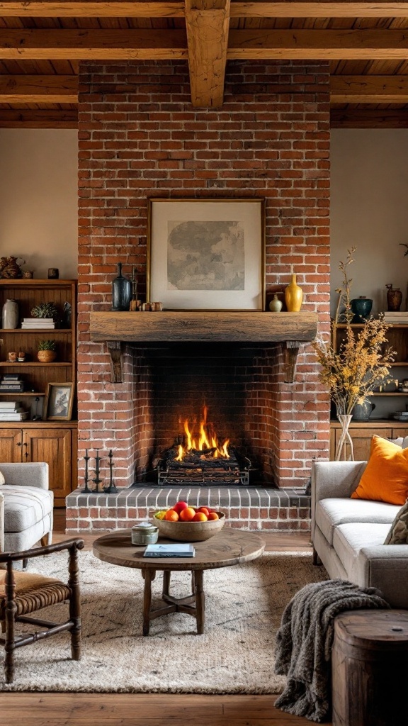 A cozy living room featuring a rustic exposed brick fireplace with a wooden mantel, surrounded by comfortable seating and warm decor.