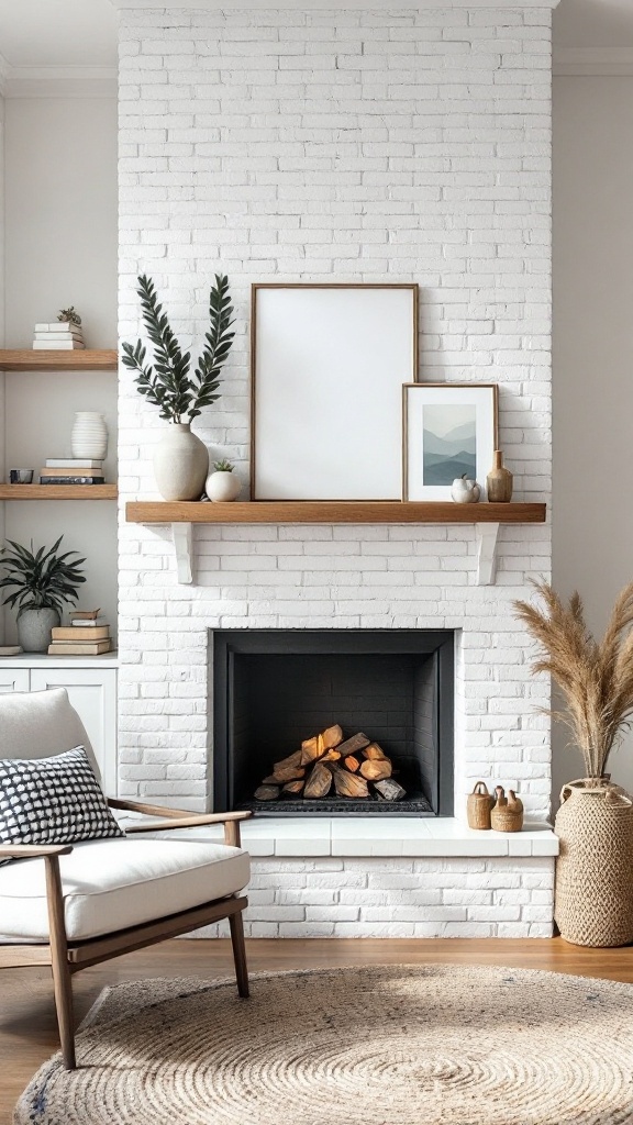 Sleek minimalist whitewashed brick fireplace with wooden mantel and cozy seating