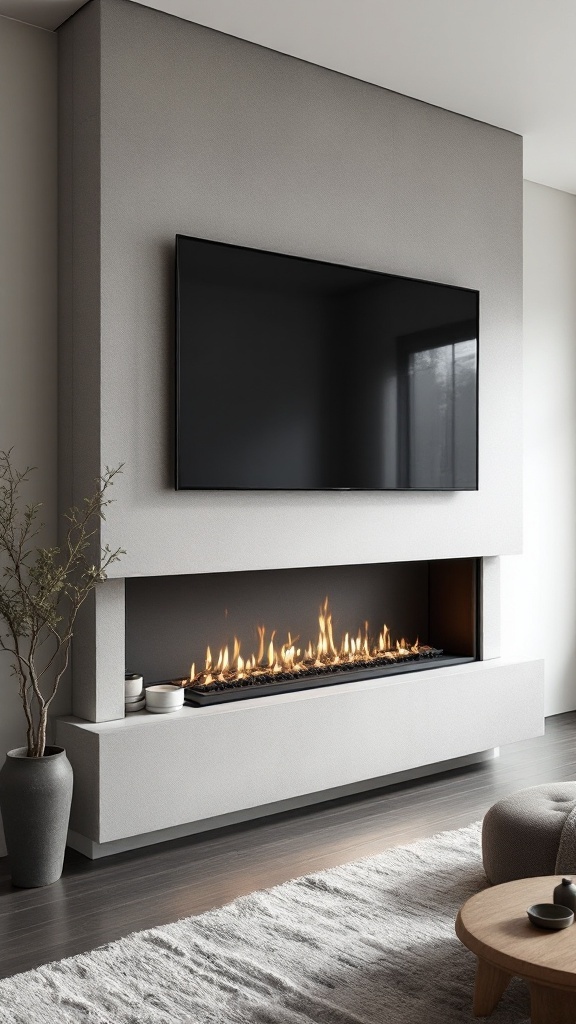 A minimalist living room with a sleek fireplace and a mounted TV above it.