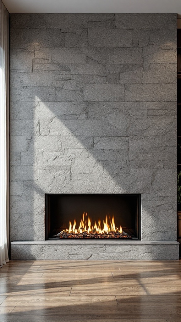 A modern fireplace with a textured stone feature wall, showcasing a cozy fire.