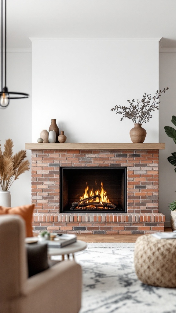 Two-sided brick fireplace with flames, decorative mantel, and cozy living area.