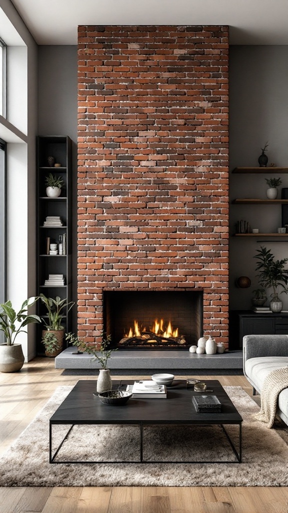 Modern living room with a vertical brick fireplace and contemporary furnishings