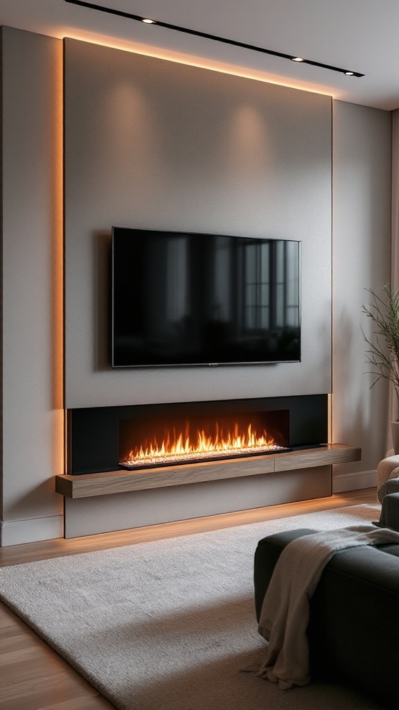 Modern living room featuring a wall-mounted electric fireplace below a TV, with warm lighting and a cozy atmosphere.