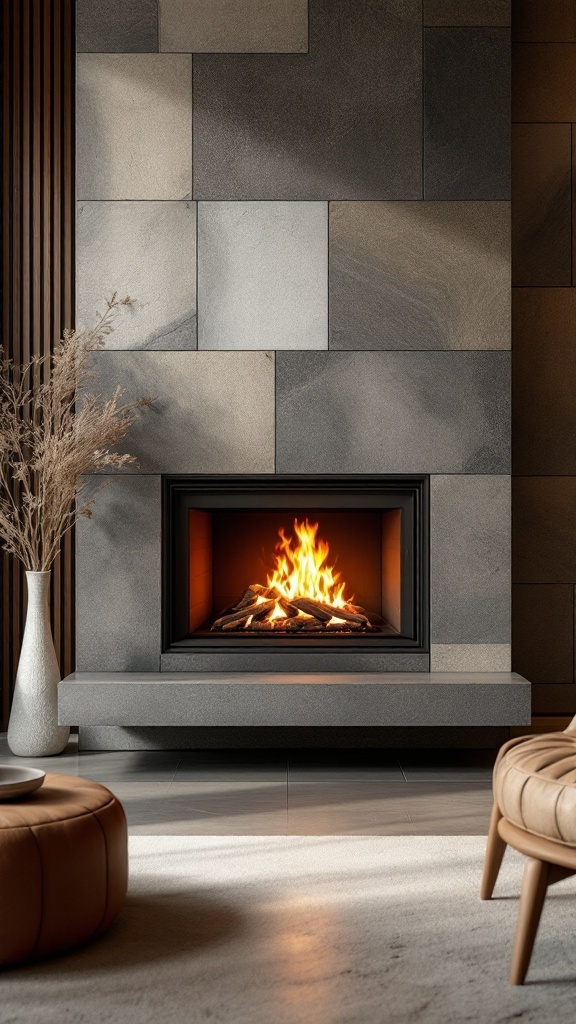 A modern wood burner fireplace with a customizable surround made of textured stone tiles.