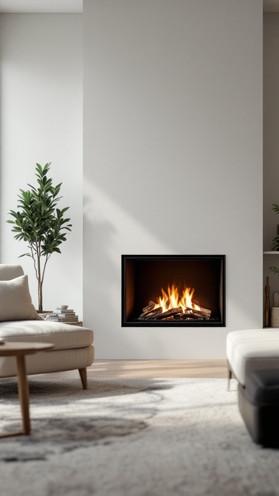 A modern wood burner fireplace in a stylish living room with a plant nearby