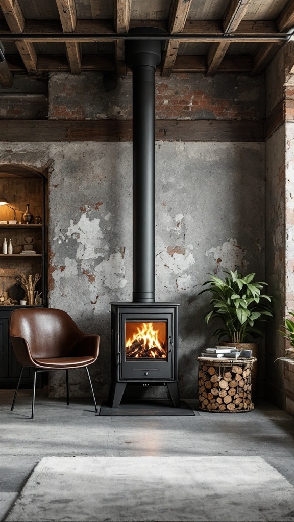 A modern loft featuring a freestanding wood burner, a brown chair, a plant, and a wood stack.