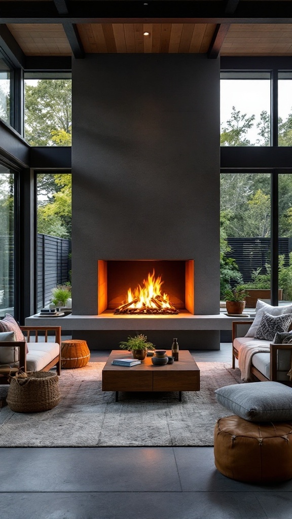 A modern indoor-outdoor wood burning fireplace with a cozy seating area and large windows