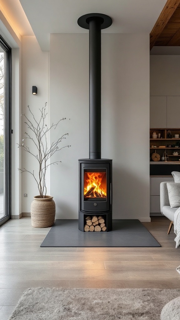 Modern open concept living room featuring a wood burning stove