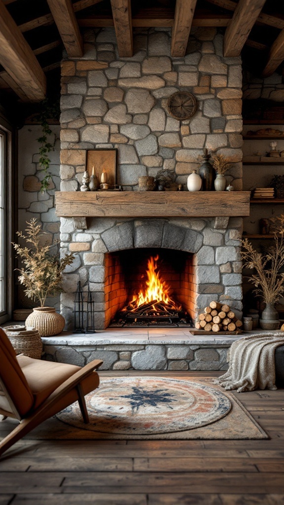 A rustic-chic stone fireplace with logs, a cozy armchair, and natural decor.