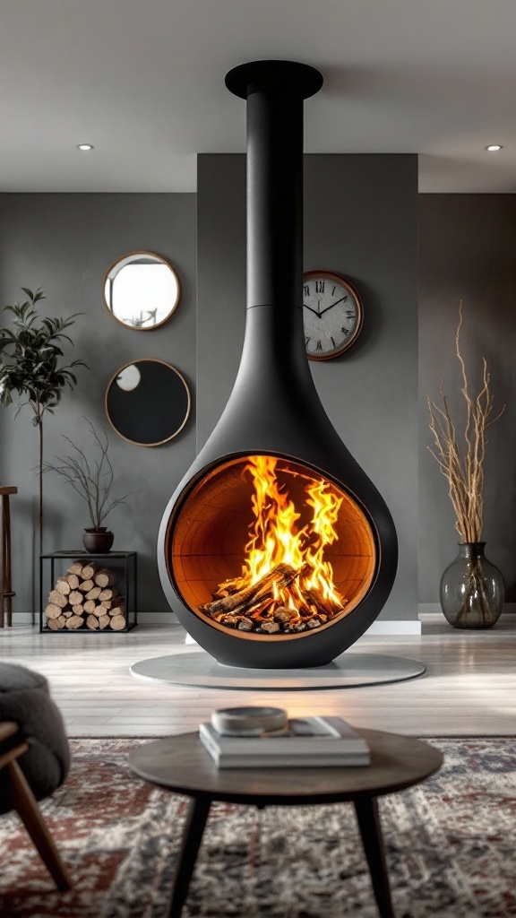 A modern sculptural wood burner fireplace with a sleek design and flames visible inside.