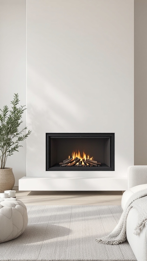 A minimalist wood burning fireplace with a black frame and logs, set in a modern room with white walls and a light rug.